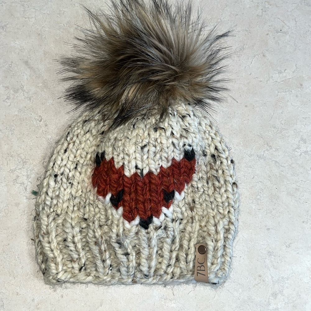 Hand knit fox toddler hat with fur Pom